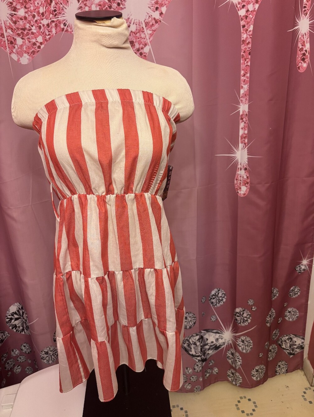 Striped Red and White Strapless Tiered Dress